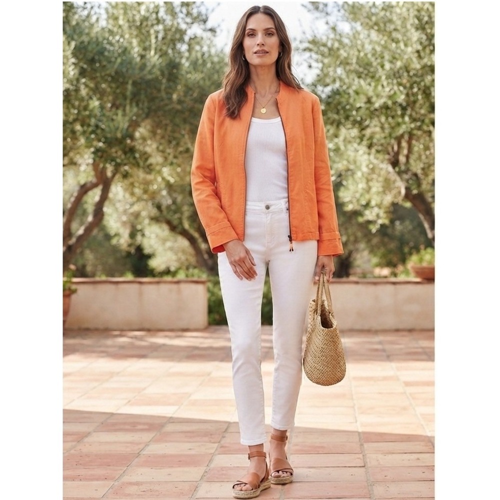 Chico's Linen Zip Up Jacket Women Size 2 Orange Mock Neck Bomber Style Good
